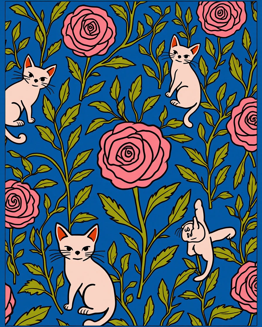 Whimsical Pink Roses And Feline Friends Rug