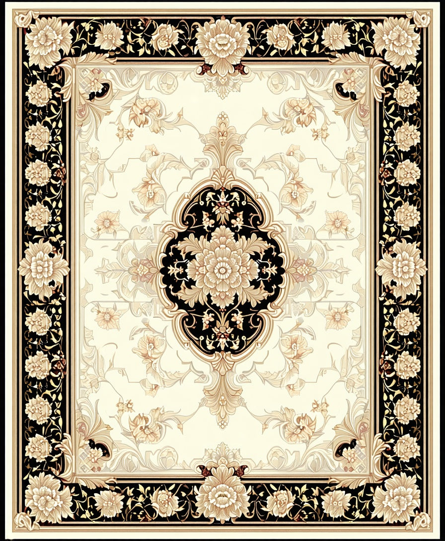 Elegant Black Gold Floral Scroll Rug