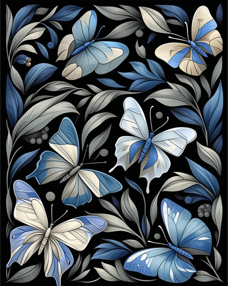Whimsical Blue Butterfly Floral Pattern Rug