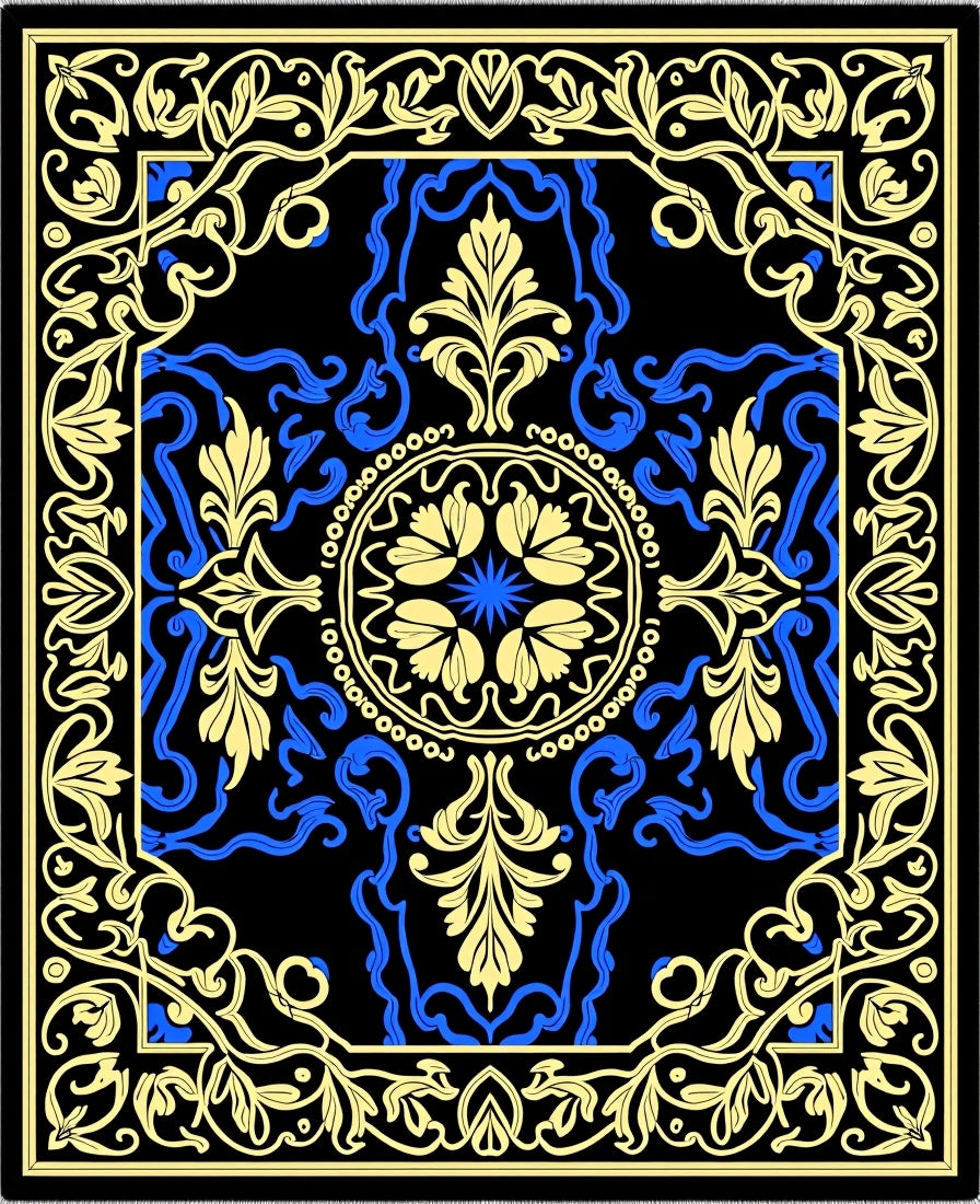 Ornate Floral Medallion Black Blue Rug