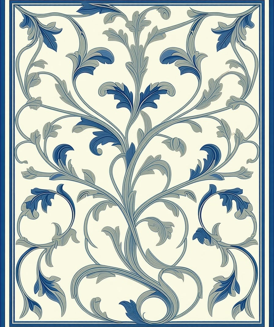 Classic Blue Floral Scroll Design Rug