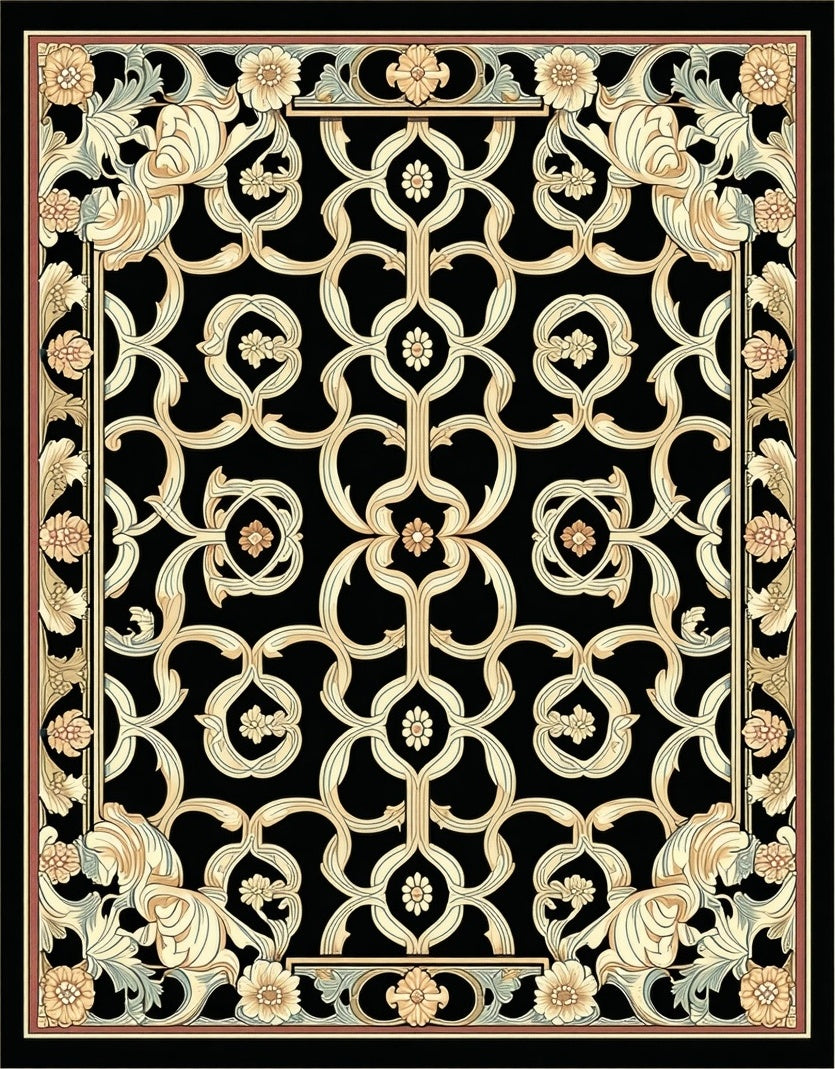 Ornate Flowing Golden Swirl Pattern Rug