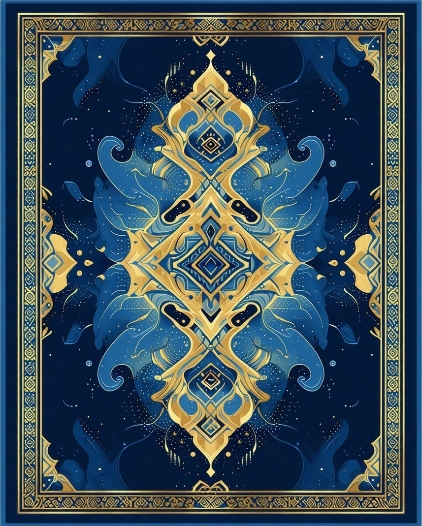 Ornate Blue Gold Mandala Pattern Rug