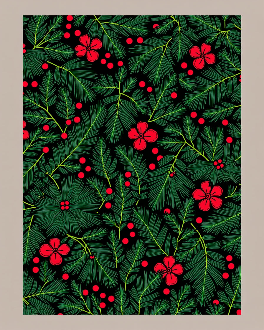 Green Pine Branches with Red Berries Rug