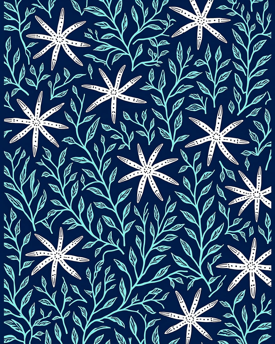 White Starfish with Teal Leaf Pattern Rug