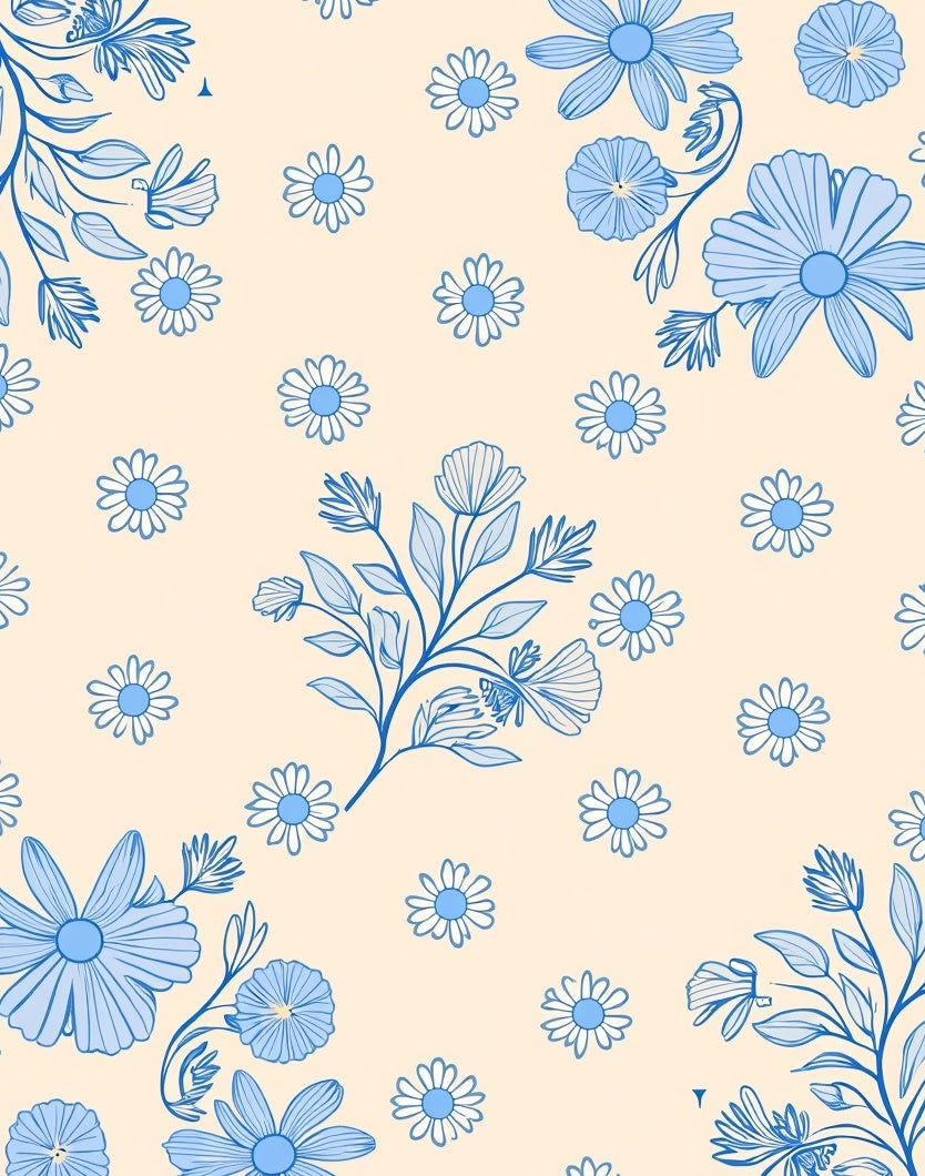 Blue Floral Pattern with Daisy Accents Rug