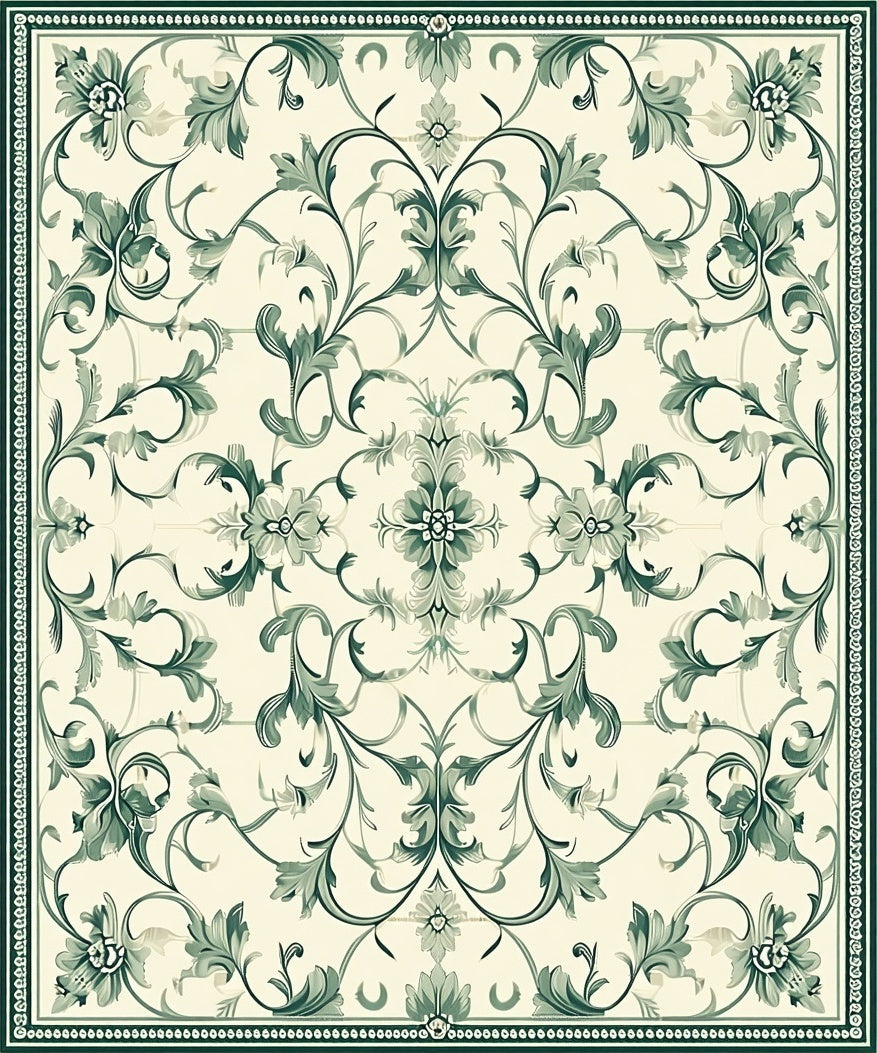 Elegant Green Floral Scrollwork Design Rug