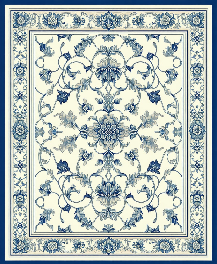 Vintage Blue Floral Damask Square Rug