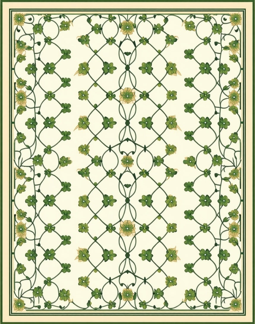 Delicate Green Vine Floral Medallion Rug