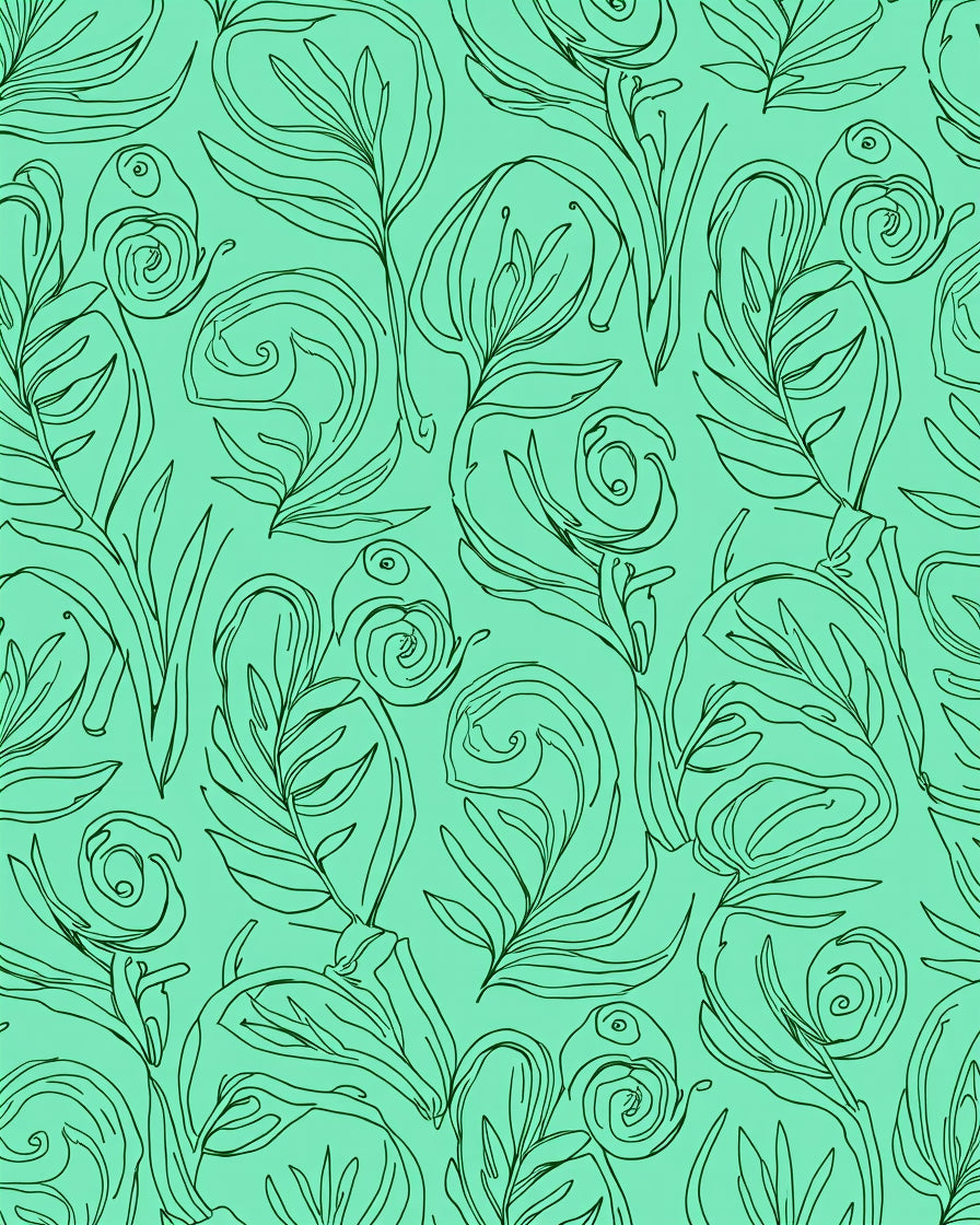 Teal Leafy Swirl Line Art Rug