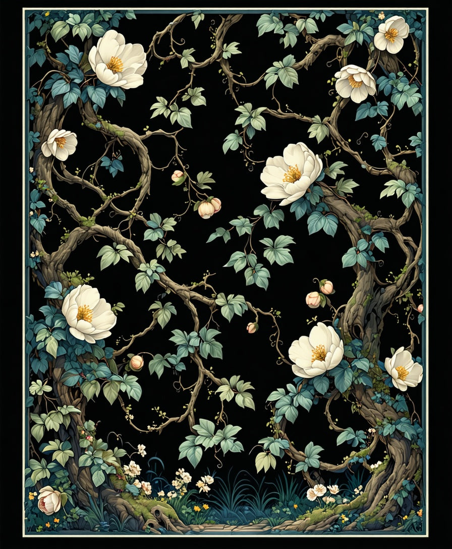 White Magnolia Vine Pattern Rug