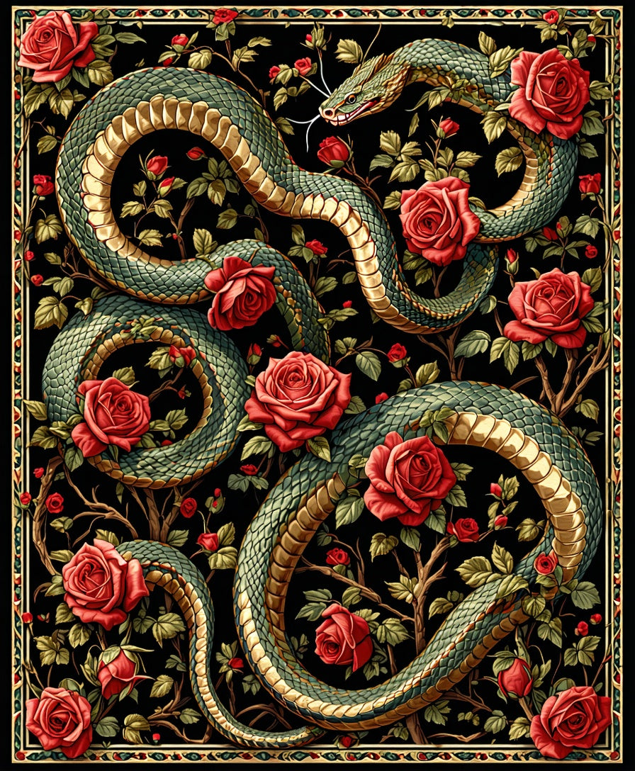 Ornate Emerald Snake Red Rose Garden Design Rug