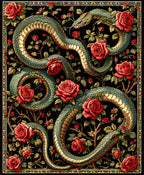 Ornate Emerald Snake Red Rose Garden Design Rug