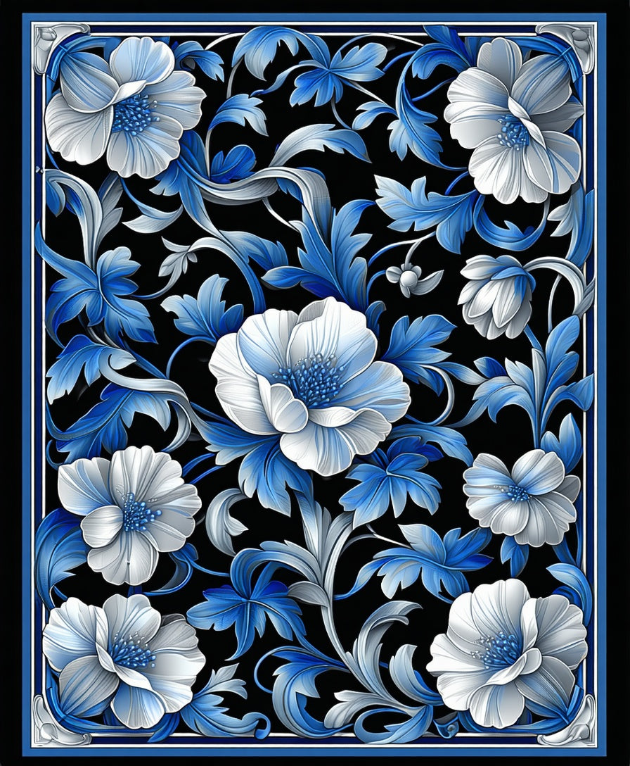 Elegant Blue White Floral Arabesque Pattern Rug