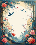 Elegant Floral Birds Mountain Scene Rug