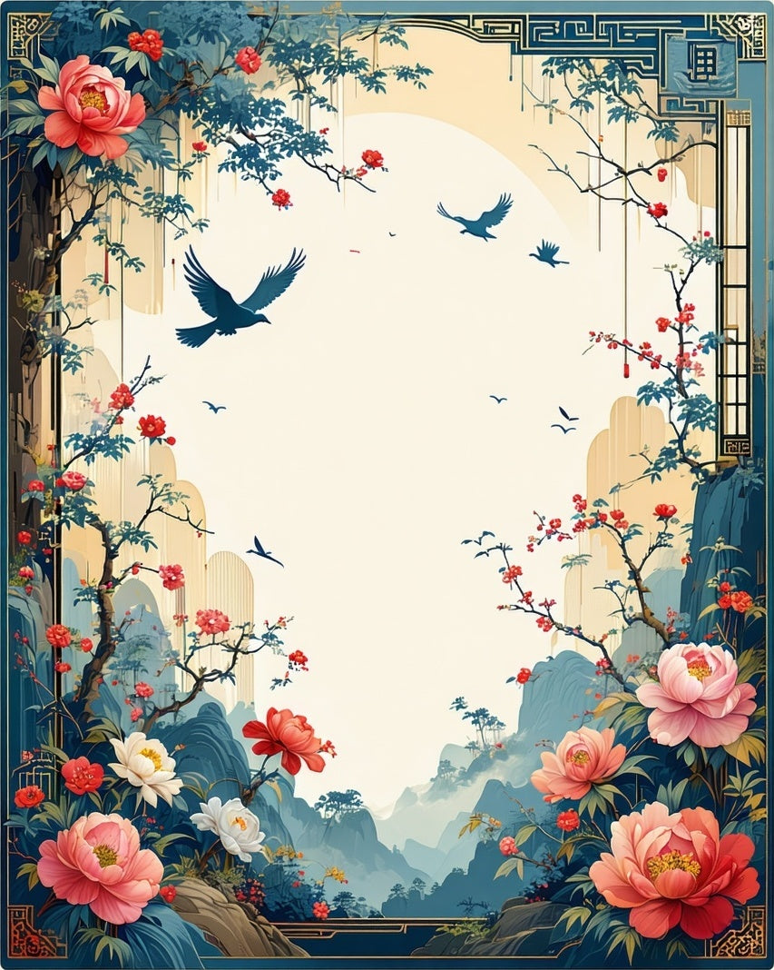 Elegant Floral Birds Mountain Scene Rug