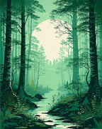 Misty Forest Calm Water Scene Rug
