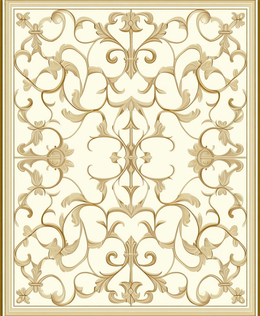 Ornate Golden Floral Scroll Pattern Rug