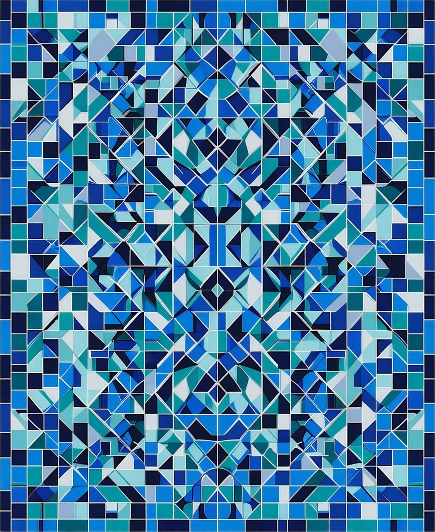 Symmetrical Blue Geometric Mosaic Pattern Rug