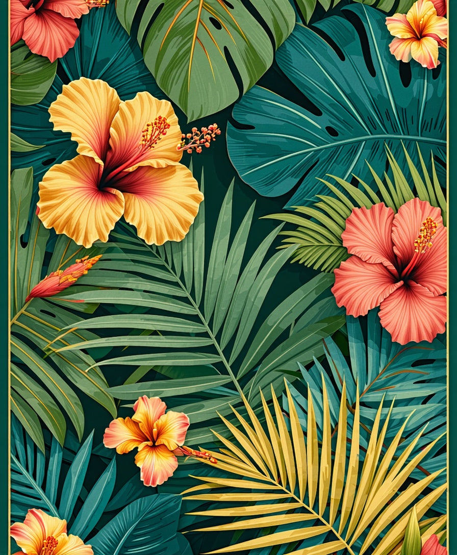 Vibrant Tropical Hibiscus Floral Pattern Rug