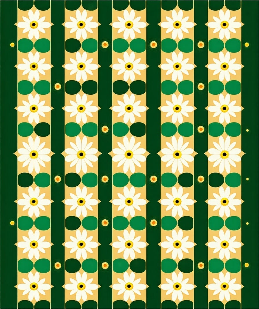 White Daisy Green Gold Stripe Rug