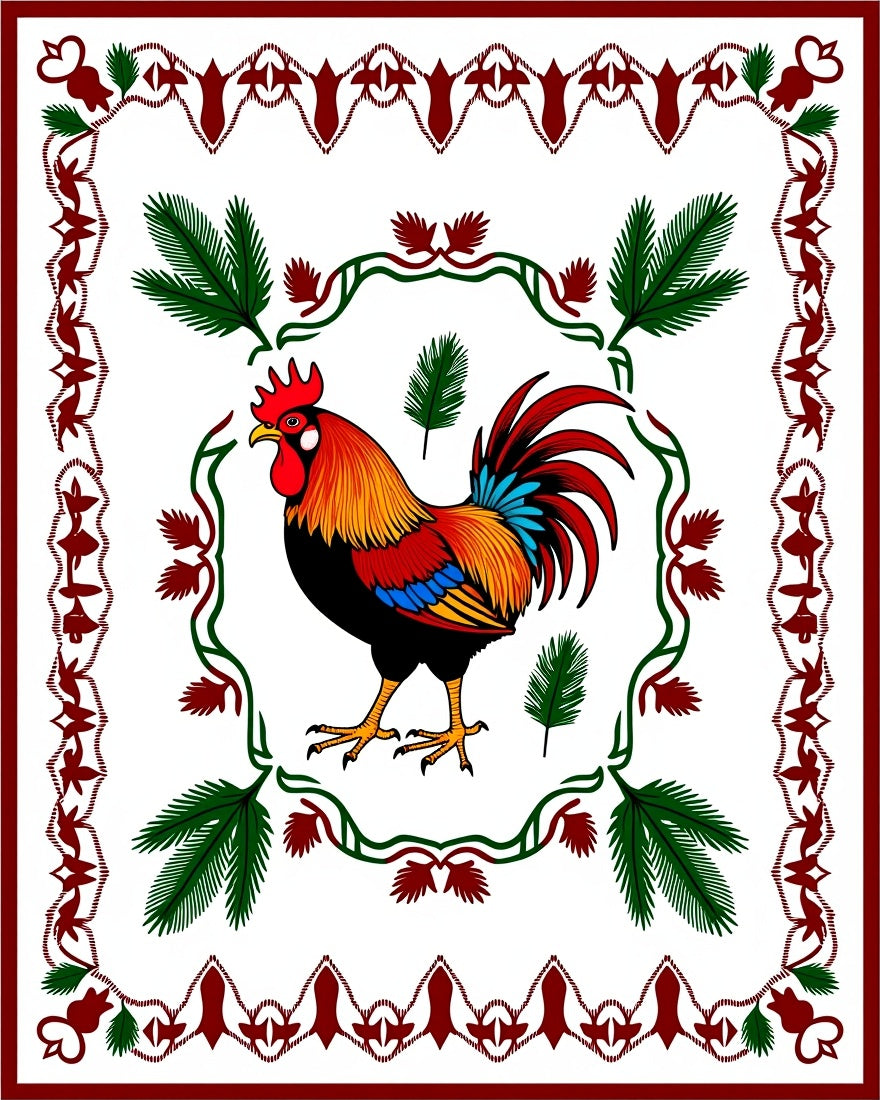 Radiant Rooster with Greenery Border Rug