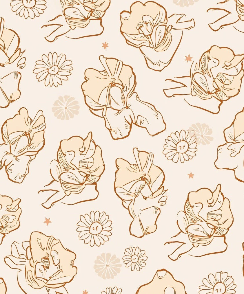 Retro Floral Blossom Line Art Rug