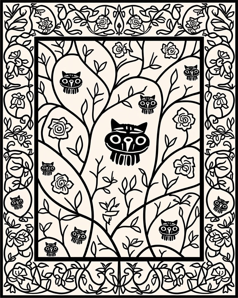 Black White Folk Art Woodland Creatures Rug
