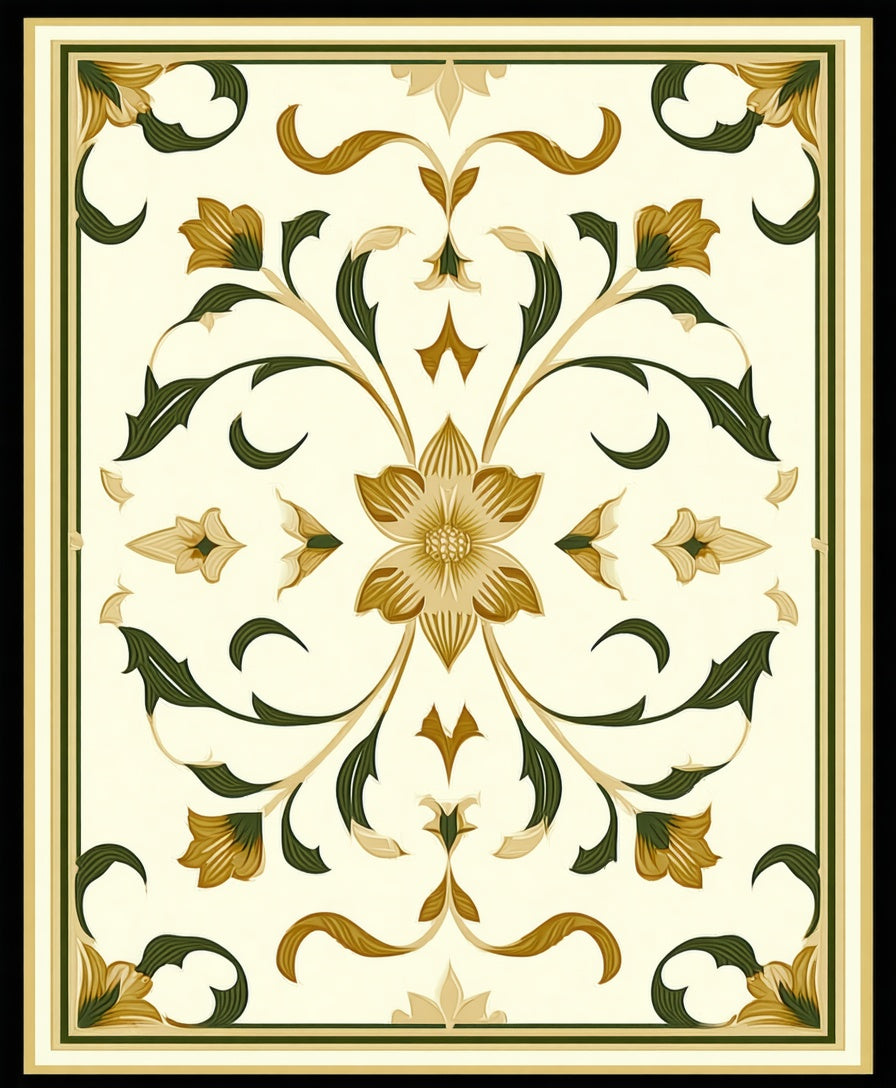 Cream Gold Green Floral Pattern Rug