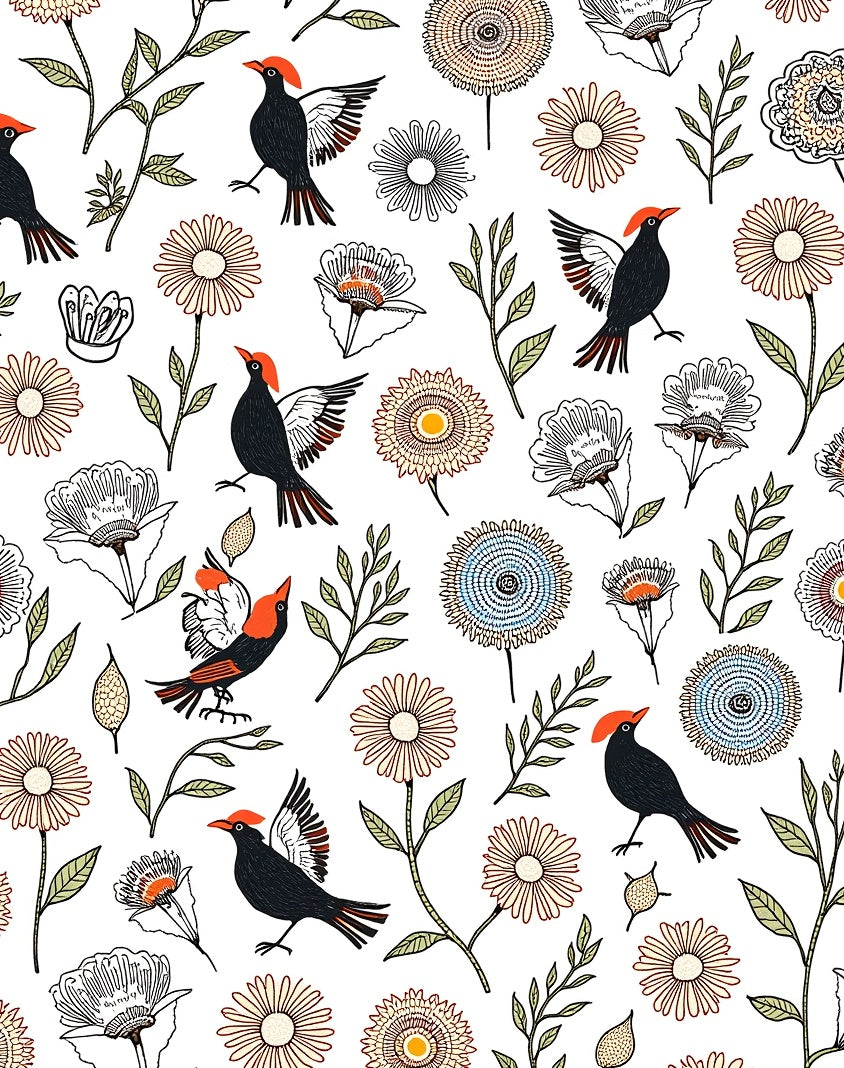 Whimsical Bird Floral Sketch Pattern Rug