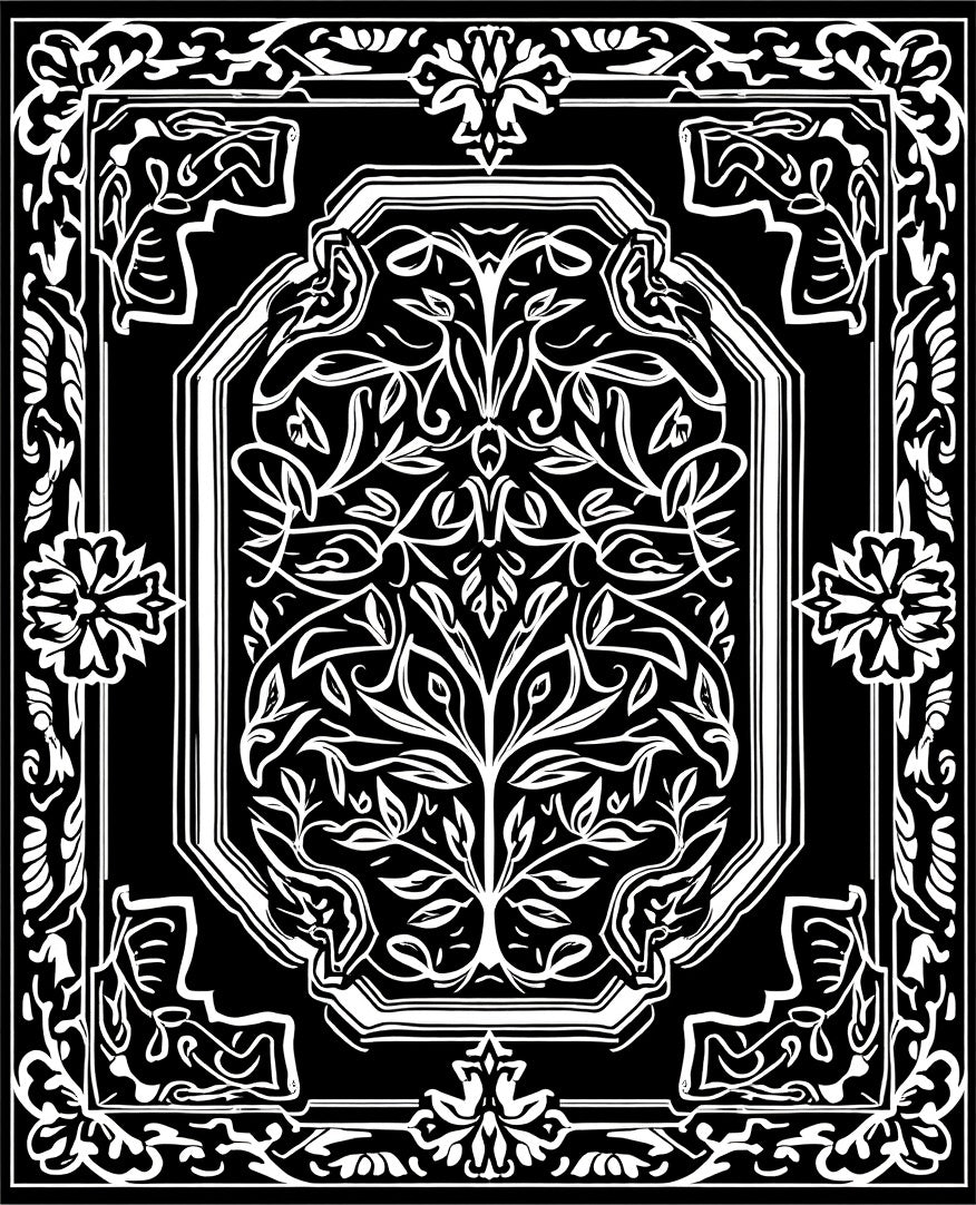 Ornate Black White Floral Pattern Rug