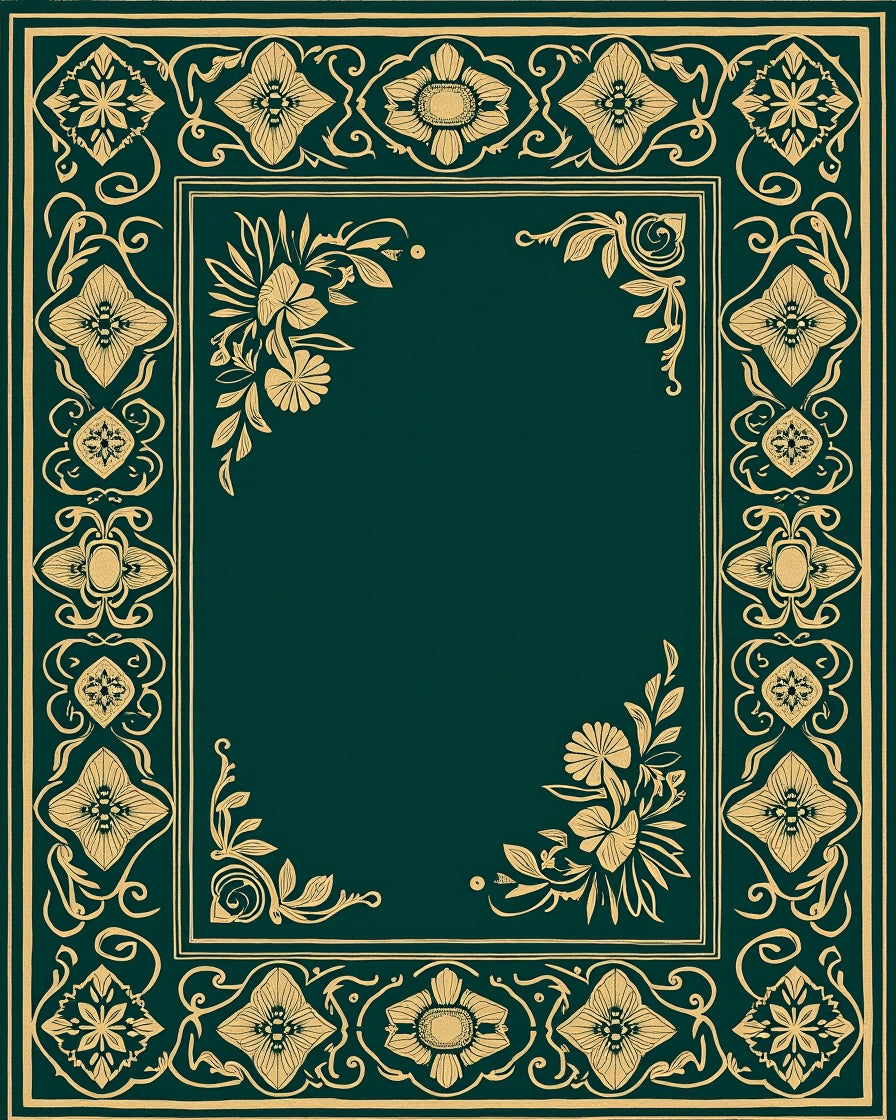 Emerald Green Floral Vine Border Design Rug