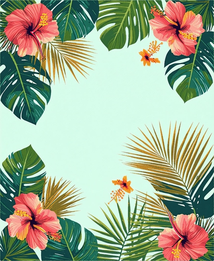 Tropical Hibiscus Palm Leaf Pattern Rug