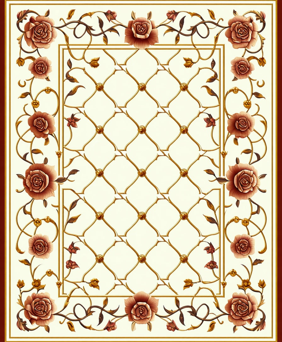 Floral Golden Lattice Rose Design Rug