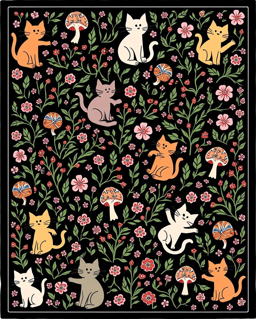 Whimsical Cat and Mushroom Garden Print Rug