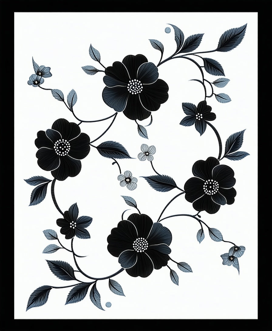 Elegant Black Floral Vine Pattern Rug