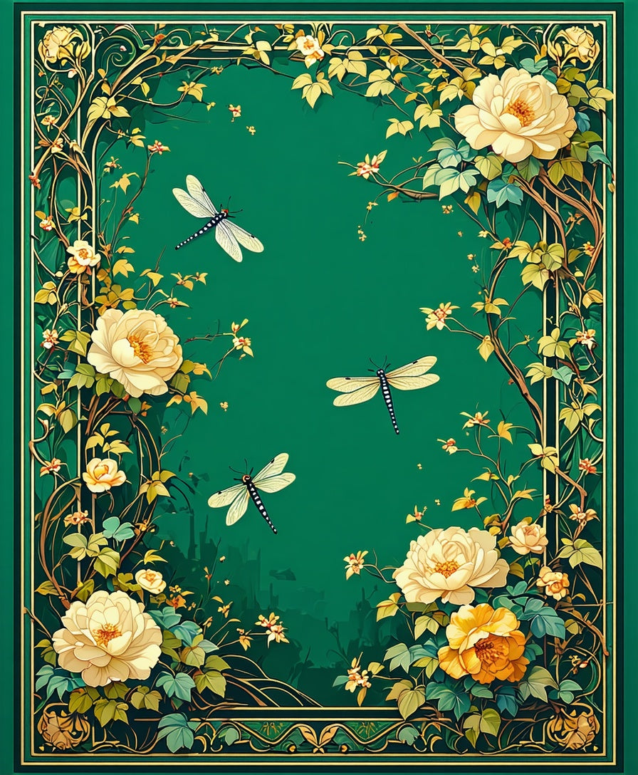 Green Floral Dragonflies Art Rug