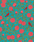 Floral Bird Branch Patterned Teal Rug