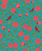 Floral Bird Branch Patterned Teal Rug