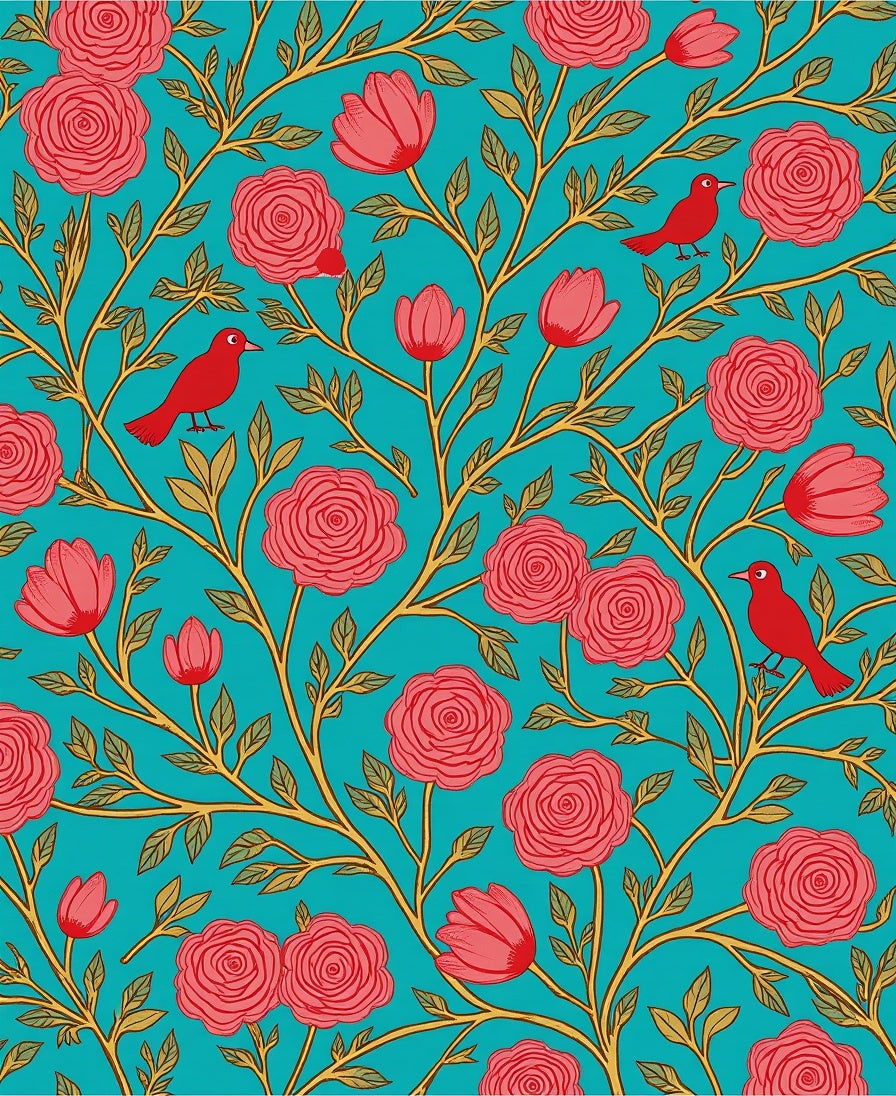 Floral Bird Branch Patterned Teal Rug