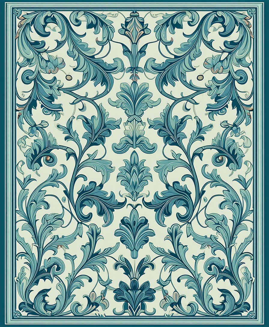 Classic Teal Floral Scroll Pattern Rug