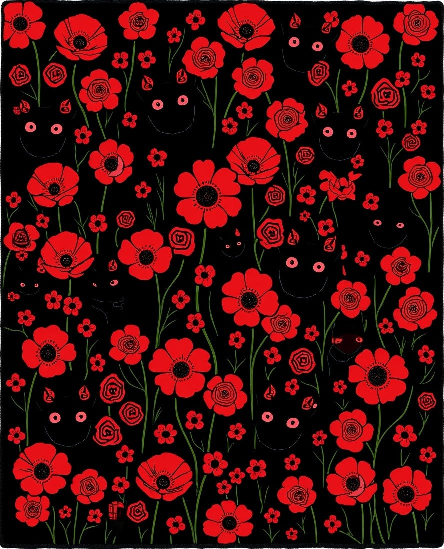 Red Poppy Black Cat Floral Pattern Rug