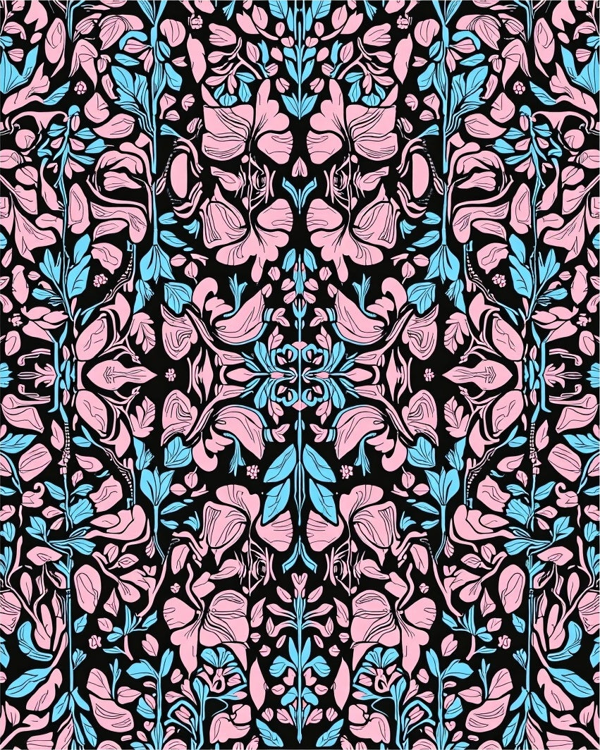Pink and Blue Floral Symmetry Pattern Rug
