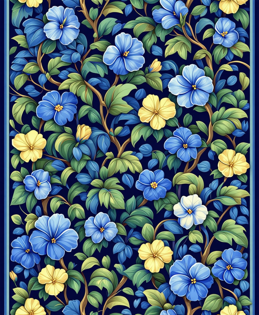 Vibrant Blue Yellow Floral Vines Rug