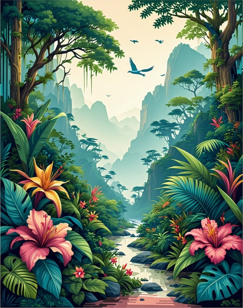 Tropical Rainforest Vibrant Floral Scenic Rug