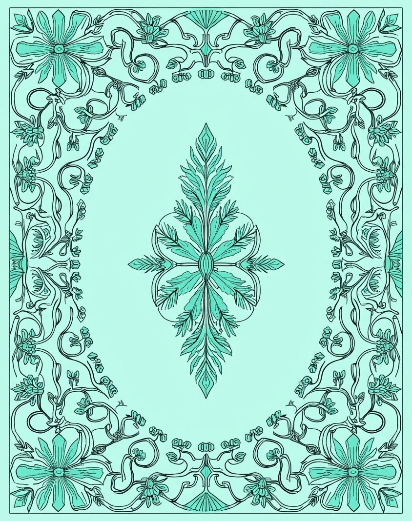 Aqua Floral Border Vine Design Rug