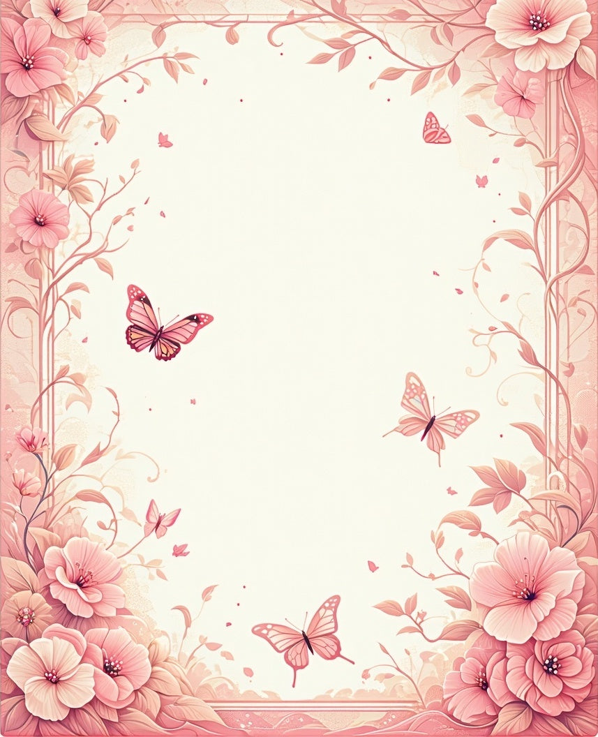 Pastel Pink Floral Butterfly Scrollwork Rug
