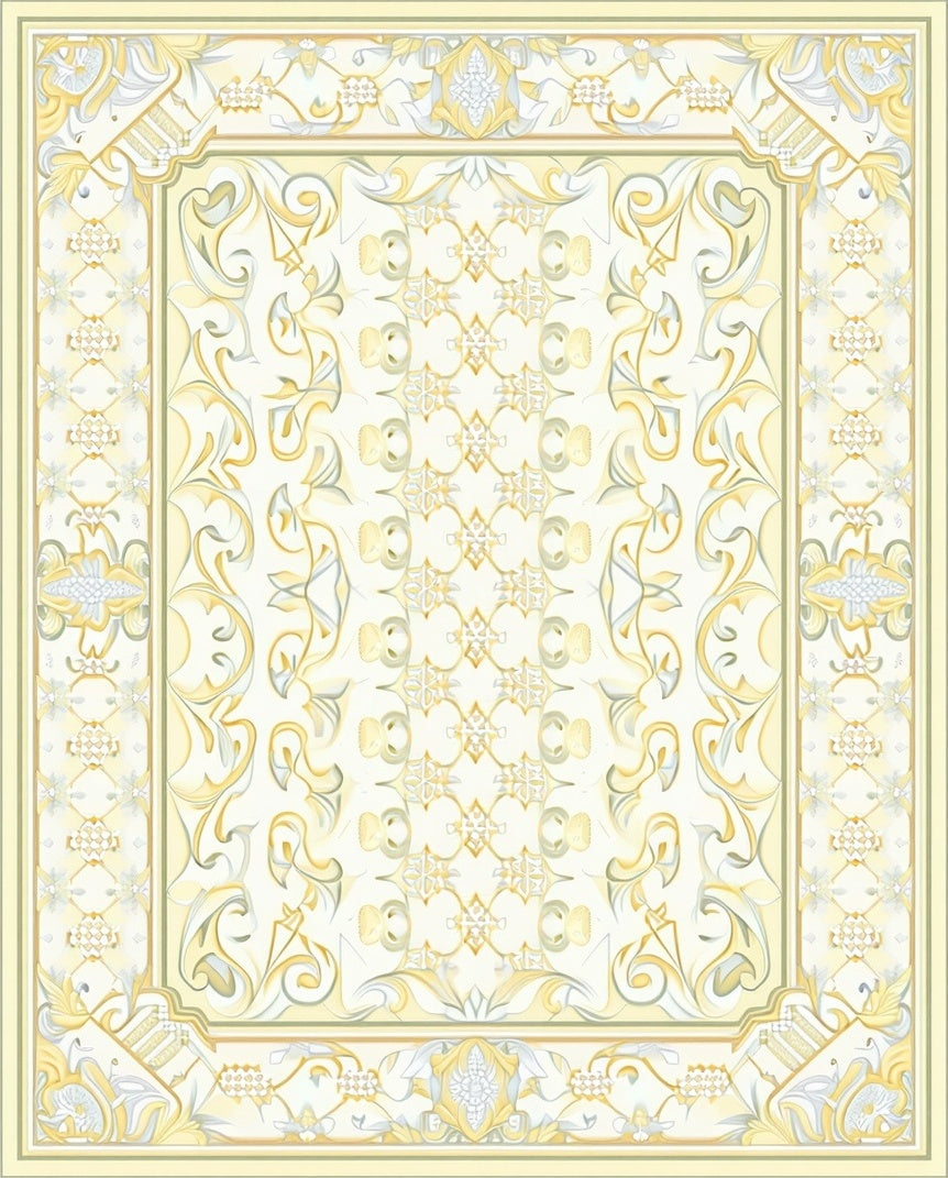 Creamy Yellow Ornate Scroll Pattern Rug