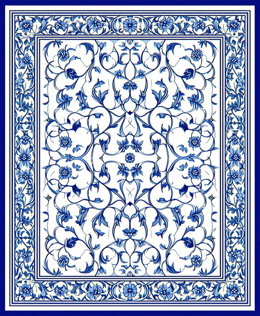 Ornate Blue Floral Scrollwork Pattern Rug