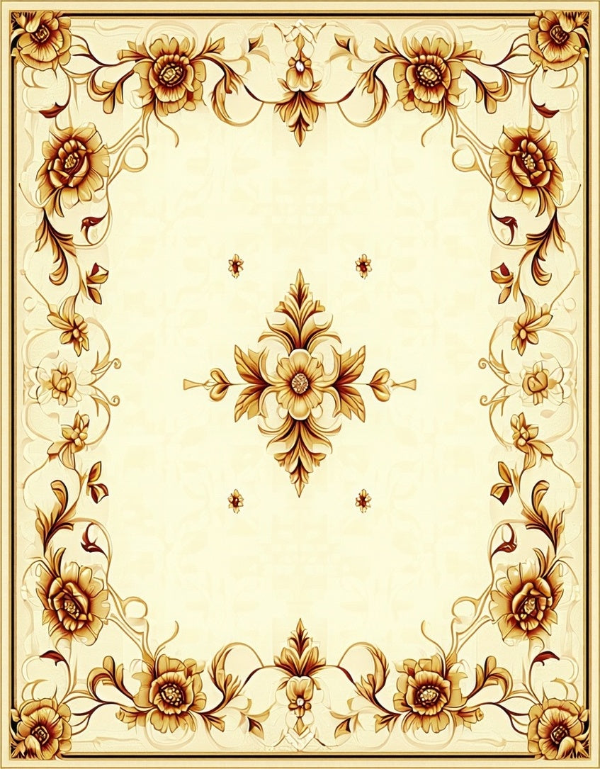 Elegant Golden Floral Scroll Pattern Rug